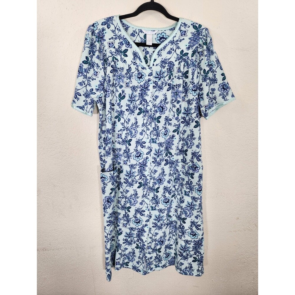 Adonna Womens M Nightgown Plisse Mint Floral Short Sleeve Pockets Sleepwear
